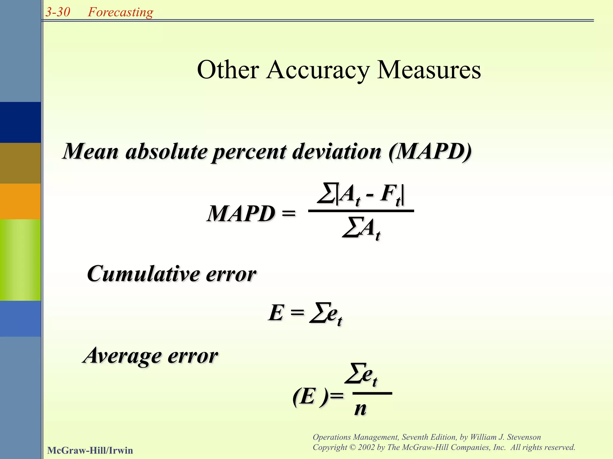 3-30
McGraw-Hill/Irwin
Operations Management, Seventh Edition, by William J. Stevenson
Copyright © 2002 by The McGraw-Hill Companies, Inc. All rights reserved.
Forecasting
Other Accuracy Measures
Mean absolute percent deviation (MAPD)
MAPD =
|At - Ft|
At
Cumulative error
E = et
Average error
(E )=
et
n
 
