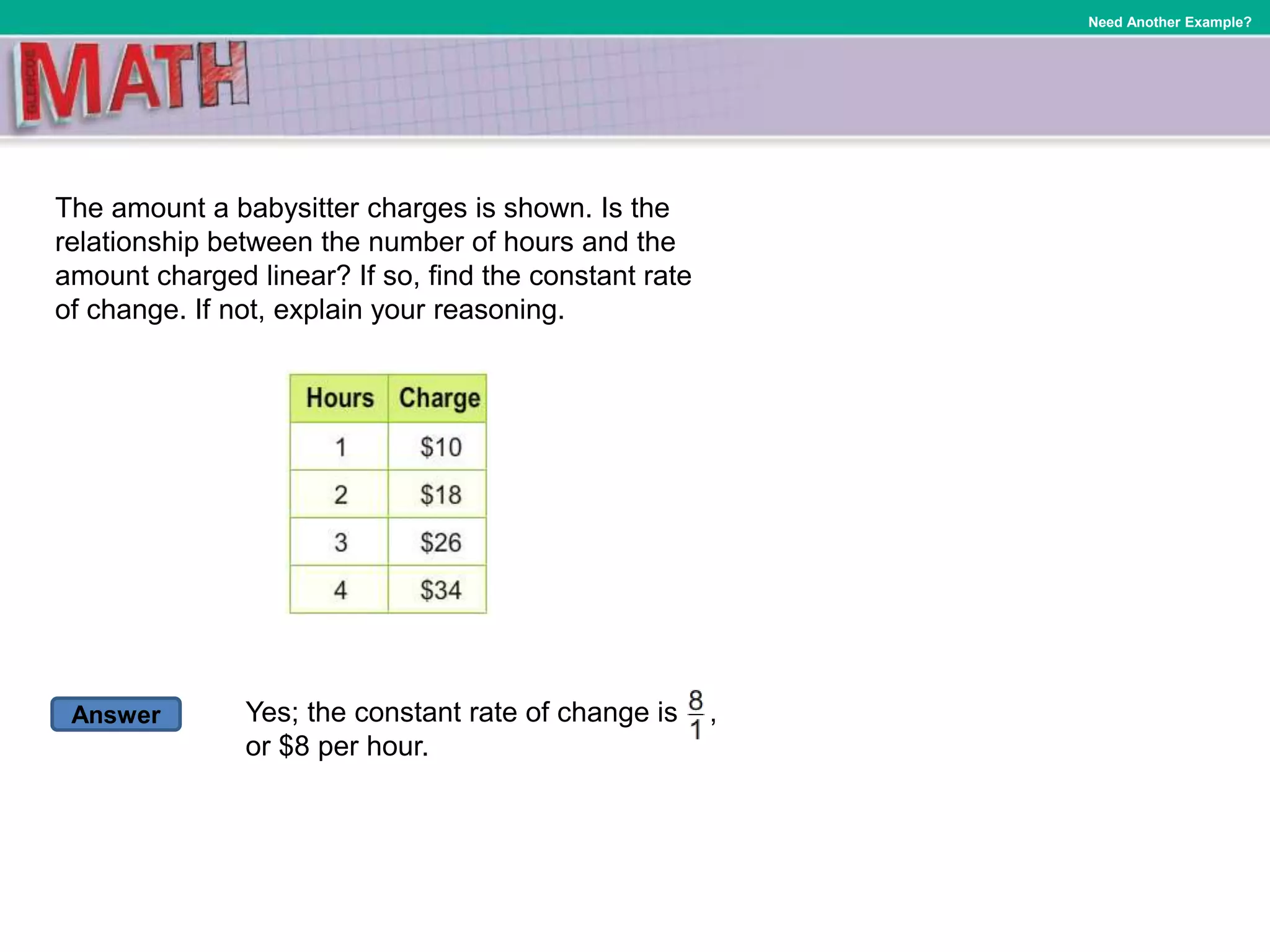 Answer
Need Another Example?
The amount a babysitter charges is shown. Is the
relationship between the number of hours and the
amount charged linear? If so, find the constant rate
of change. If not, explain your reasoning.
Yes; the constant rate of change is ,
or $8 per hour.
 