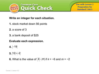 Course 2, Lesson 3-2
Write an integer for each situation.
1. stock market down 56 points
2. a score of 3
3. a bank deposit of $25
Evaluate each expression.
4.
5.
6. What is the value of if k = −6 and m = −2
19
+12 2
k m
 