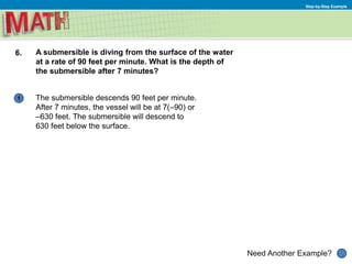 Need Another Example?
Step-by-Step Example
1
6. A submersible is diving from the surface of the water
at a rate of 90 feet per minute. What is the depth of
the submersible after 7 minutes?
The submersible descends 90 feet per minute.
After 7 minutes, the vessel will be at 7(–90) or
–630 feet. The submersible will descend to
630 feet below the surface.
 