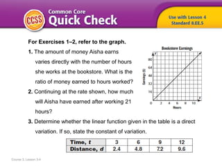 Course 3, Lesson 3-4
For Exercises 1–2, refer to the graph.
1. The amount of money Aisha earns
varies directly with the number of hours
she works at the bookstore. What is the
ratio of money earned to hours worked?
2. Continuing at the rate shown, how much
will Aisha have earned after working 21
hours?
3. Determine whether the linear function given in the table is a direct
variation. If so, state the constant of variation.
 