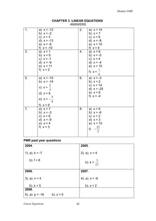 Module PMR

CHAPTER 3 :LINEAR EQUATIONS
ANSWERS
a) x = -12
b) x = -2
c) x = 3
d) x = -13
e) x = -9
f) x = -10
a) x = 1
b) x = 9
c) x = -1
d) x = -9
e) x = 11
f) x = 2

3.

5.

7.

2.

a) x = -10
b) x = -14
2
c) x =
3
d) x = 6
5
e) x = −
8
f) x = 9
a) x = 7
b) x = -3
c) x = 8
d) x = -9
e) x = 4
f) x = 3

1.

a) x = 14
b) x = 7
c) x = 9
d) x = -8
e) x = 10
f) x = 4
a) x = 6
b) x = -5
c) x = 4
d) x = -4
e) x = 10
1
f) x =
6
a) x = -3
b) x = 2
c) x = 14
d) x = -25
e) x = 6
f) x = -4

6.

4.

8.

a)
b)
c)
d)
e)

x=6
x = -6
x=3
x=3
x = 10
22
f) −
5

PMR past year questions
2004.

2005.

1). a). k = -7

2). a). n = 4

b). f = 8

b). k =

3
17

2006.

2007.

3). a). n = 4

4). a). x = -6

b). k = 5
2008.
5). a). p = -16
Linear Equations

b). x = 2
b). x = 5
41

 