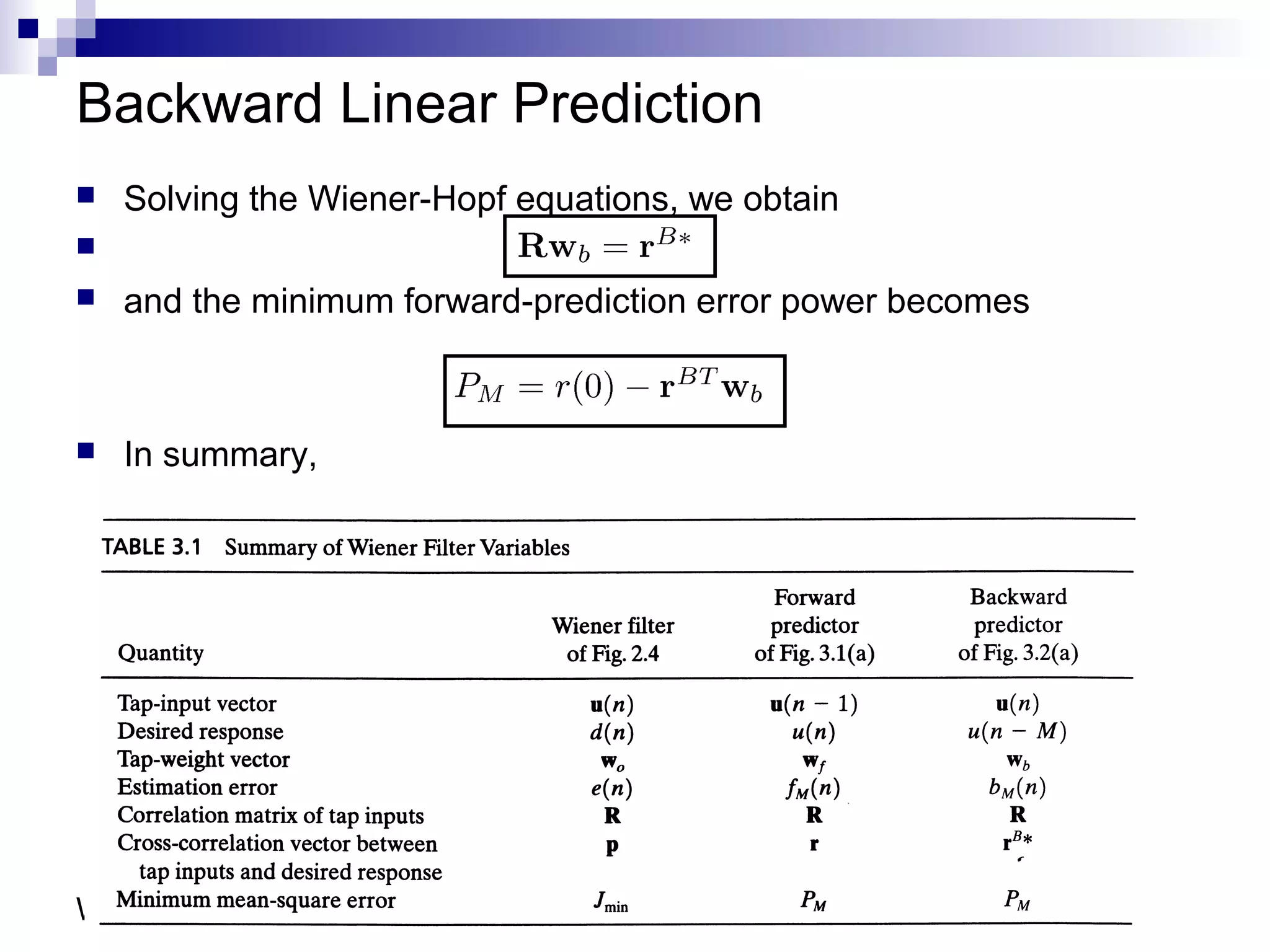 ELE 774 - Adaptive Signal Processing15Week 4
Backward Linear Prediction
 Solving the Wiener-Hopf equations, we obtain

 and the minimum forward-prediction error power becomes
 In summary,
 