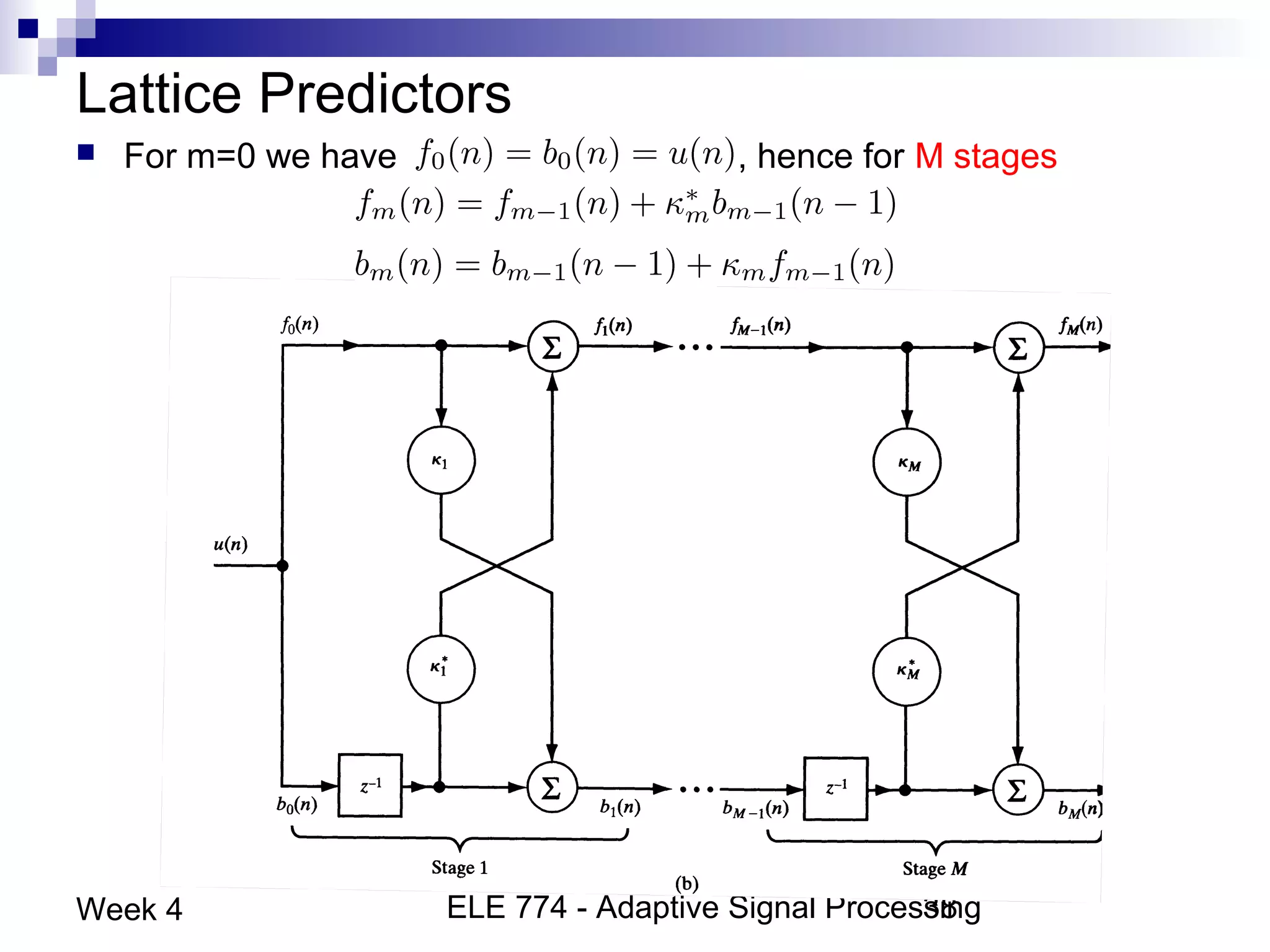 ELE 774 - Adaptive Signal Processing38Week 4
Lattice Predictors
 For m=0 we have , hence for M stages
 