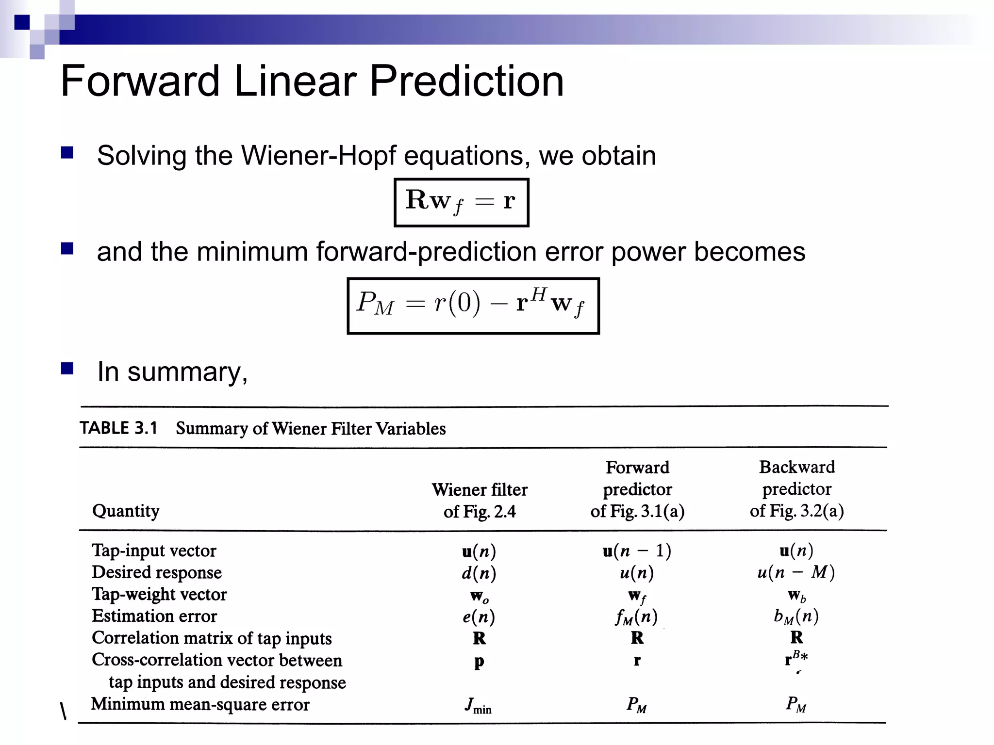 ELE 774 - Adaptive Signal Processing7Week 4
Forward Linear Prediction
 Solving the Wiener-Hopf equations, we obtain
 and the minimum forward-prediction error power becomes
 In summary,
 