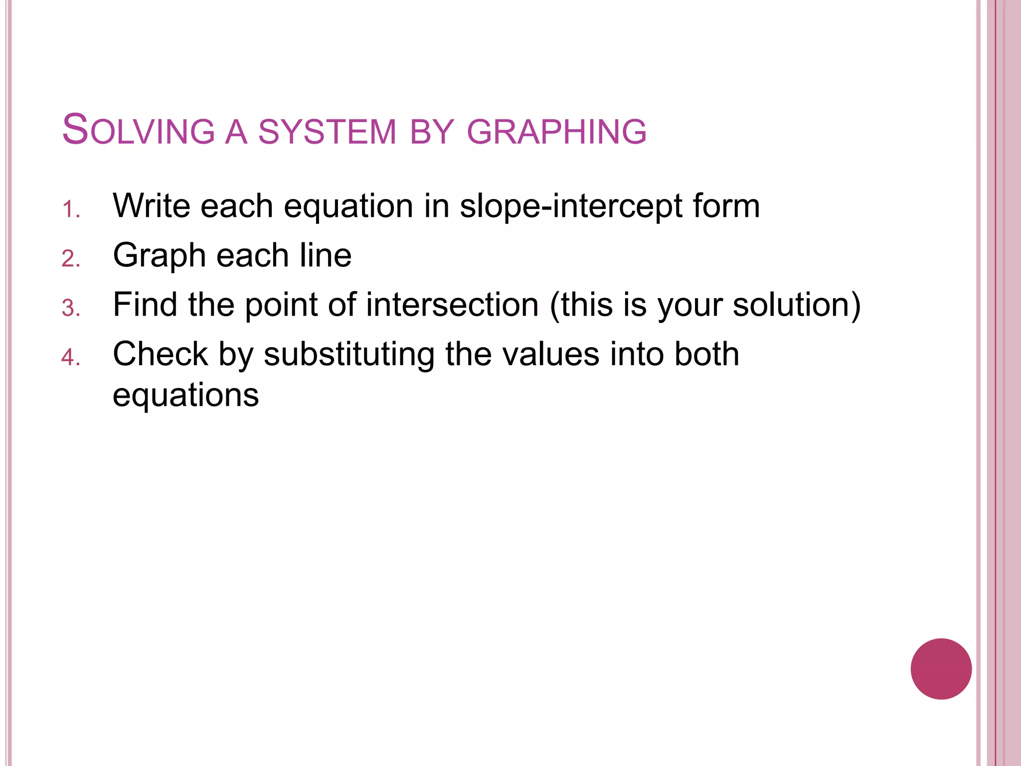 Solving a system by graphingWrite each equation in slope-intercept formGraph each lineFind the point of intersection (this is your solution)Check by substituting the values into both equations