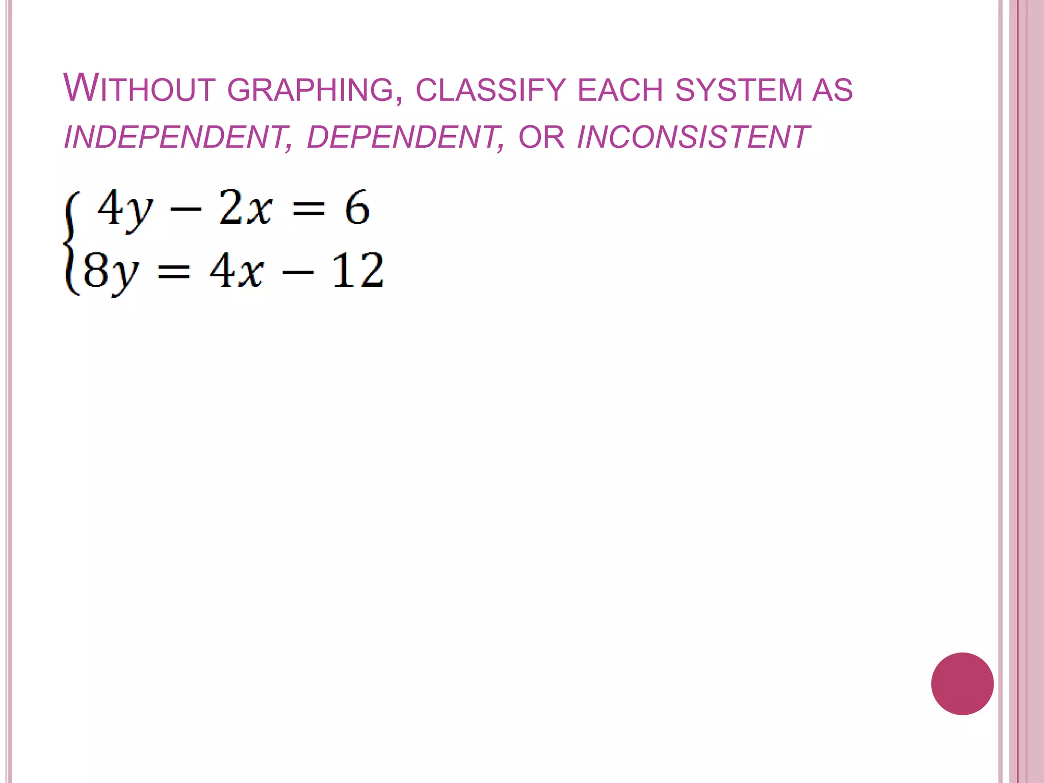Without graphing, classify each system as independent, dependent, or inconsistent