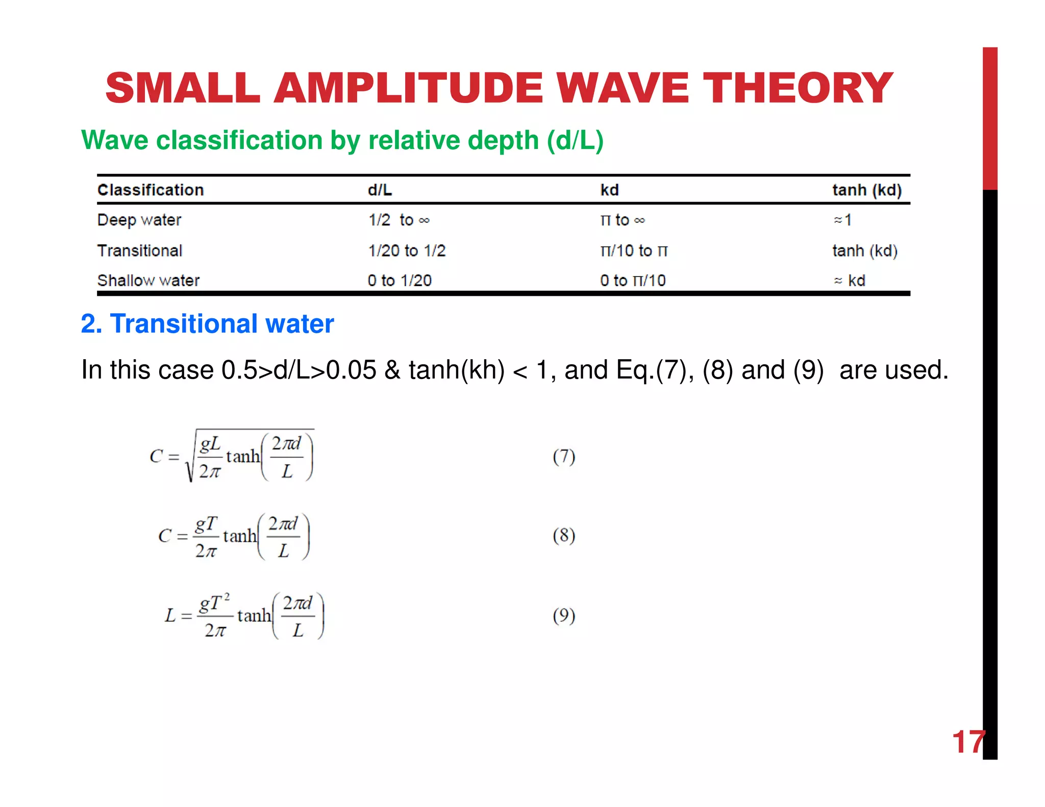 17
SMALL AMPLITUDE WAVE THEORY
Wave classification by relative depth (d/L)
2. Transitional water
In this case 0.5>d/L>0.05 & tanh(kh) < 1, and Eq.(7), (8) and (9) are used.
 