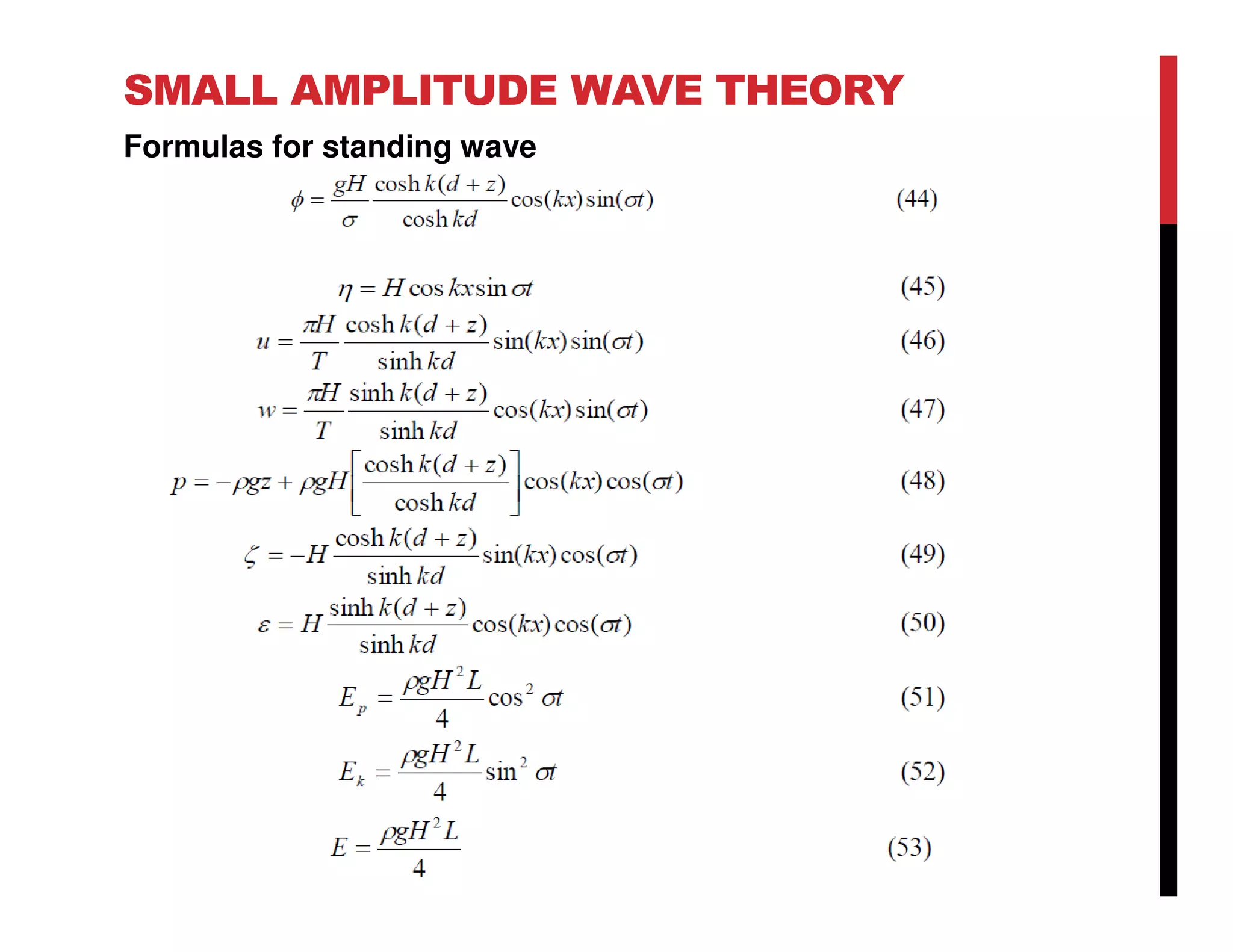 SMALL AMPLITUDE WAVE THEORY
Formulas for standing wave
 