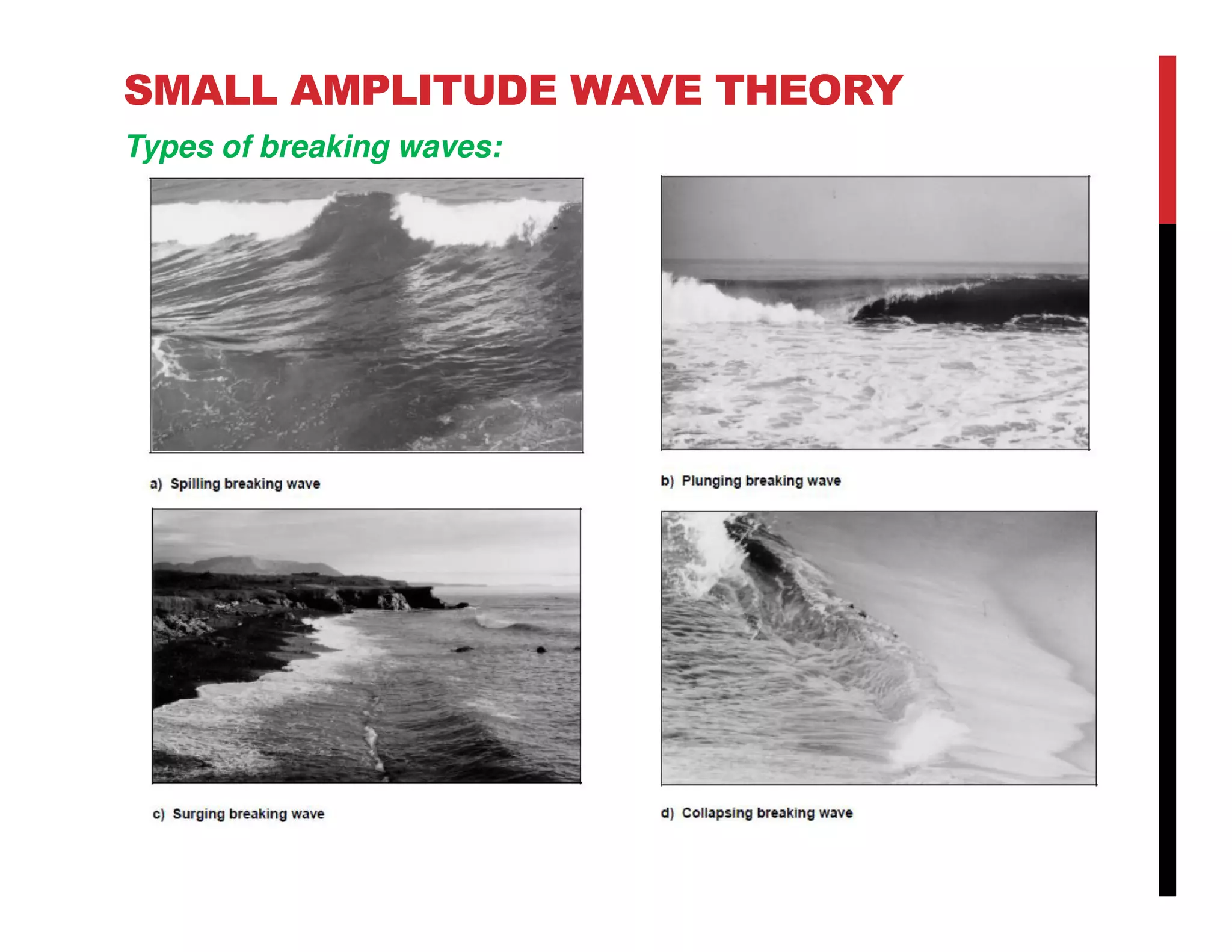SMALL AMPLITUDE WAVE THEORY
Types of breaking waves:
 