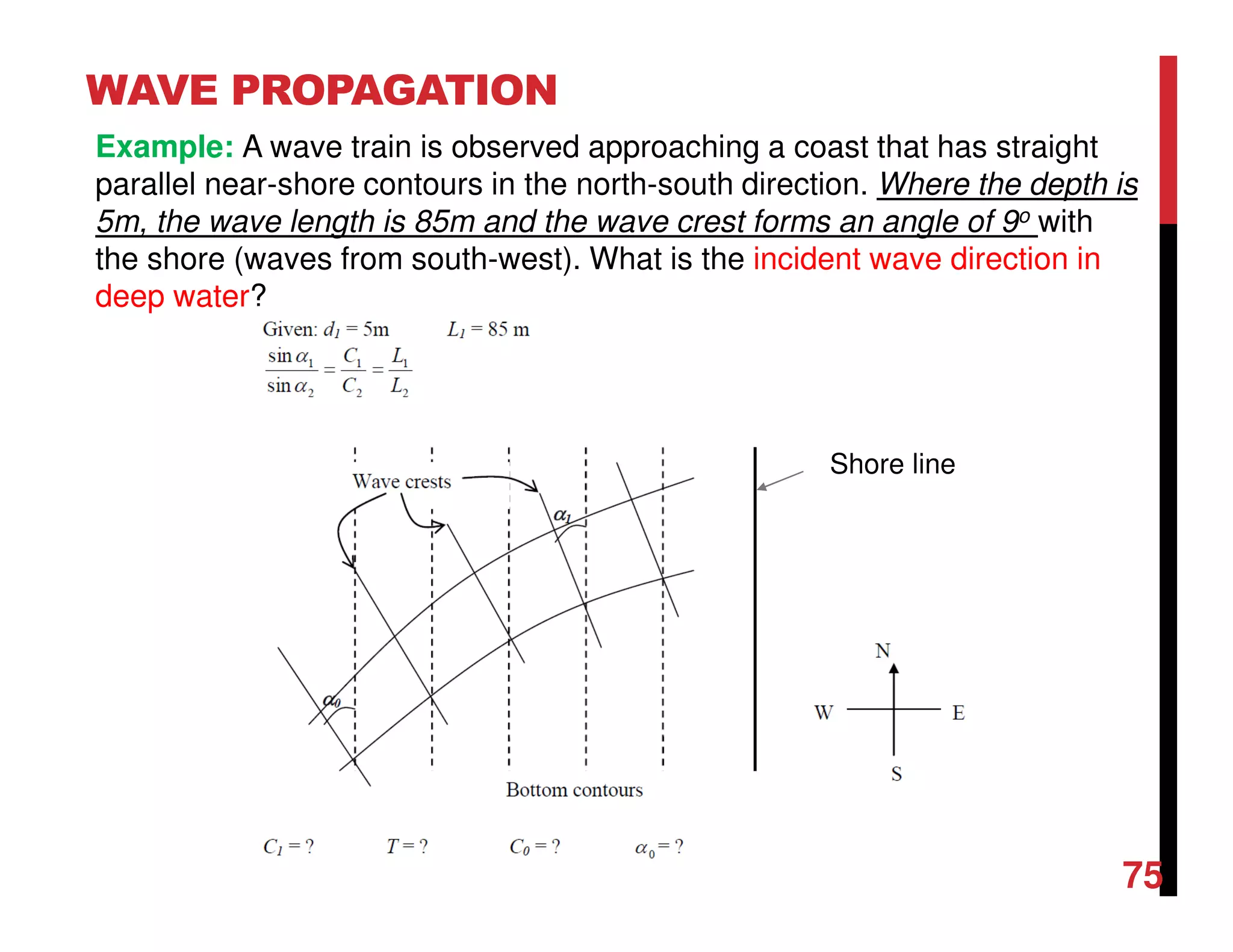 WAVE PROPAGATION
75
Example: A wave train is observed approaching a coast that has straight
parallel near-shore contours in the north-south direction. Where the depth is
5m, the wave length is 85m and the wave crest forms an angle of 9o with
the shore (waves from south-west). What is the incident wave direction in
deep water?
Shore line
 