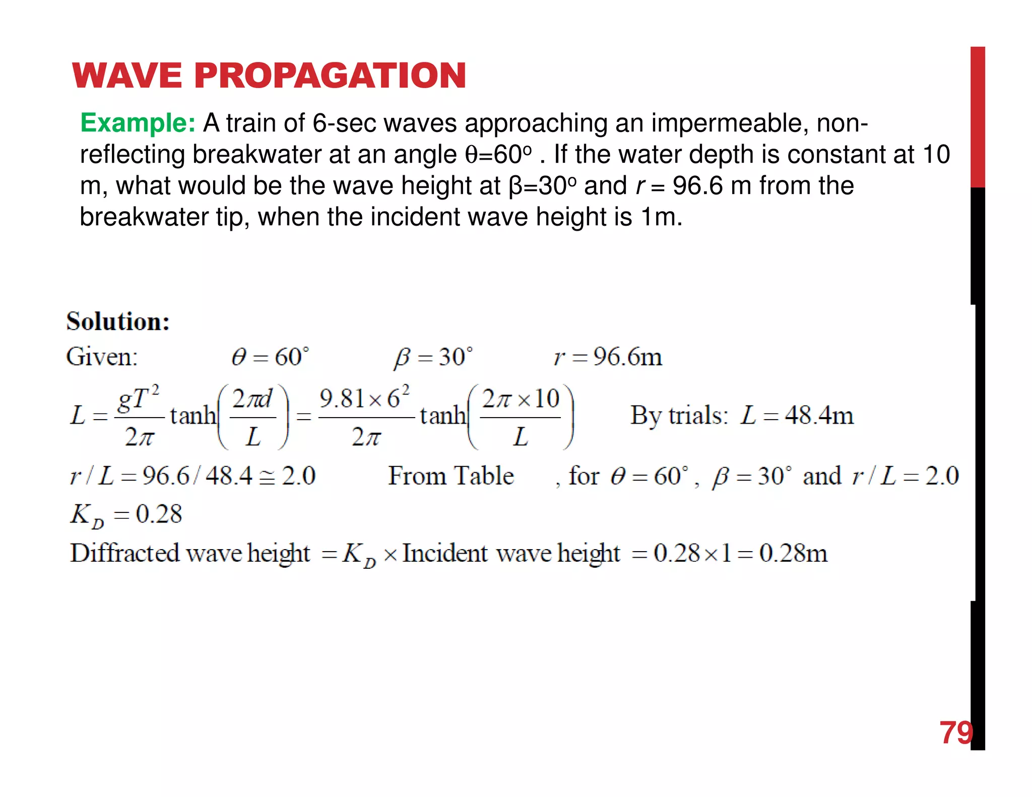 WAVE PROPAGATION
79
Example: A train of 6-sec waves approaching an impermeable, non-
reflecting breakwater at an angle θ=60o . If the water depth is constant at 10
m, what would be the wave height at β=30o and r = 96.6 m from the
breakwater tip, when the incident wave height is 1m.
 