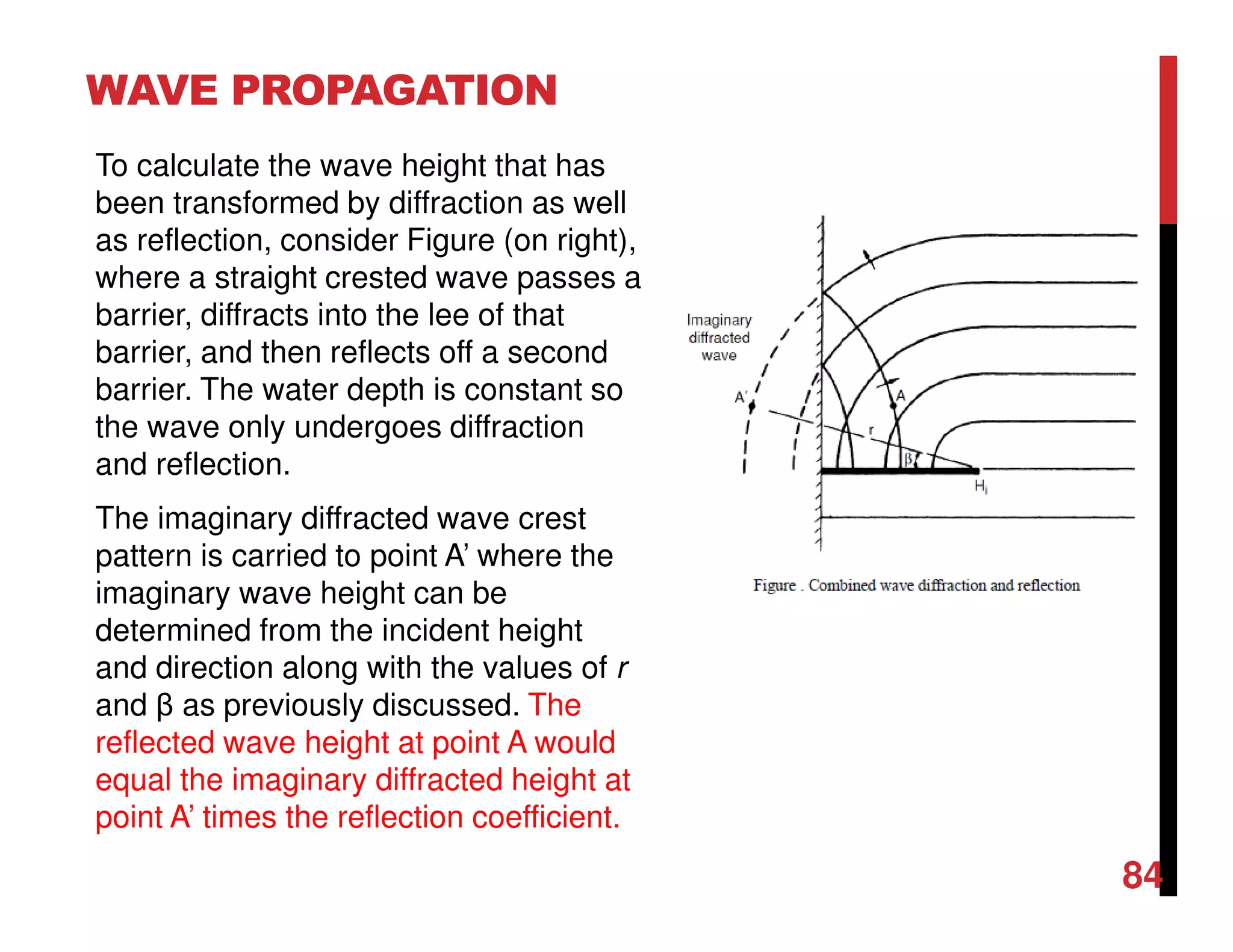 WAVE PROPAGATION
84
To calculate the wave height that has
been transformed by diffraction as well
as reflection, consider Figure (on right),
where a straight crested wave passes a
barrier, diffracts into the lee of that
barrier, and then reflects off a second
barrier. The water depth is constant so
the wave only undergoes diffraction
and reflection.
The imaginary diffracted wave crest
pattern is carried to point A’ where the
imaginary wave height can be
determined from the incident height
and direction along with the values of r
and β as previously discussed. The
reflected wave height at point A would
equal the imaginary diffracted height at
point A’ times the reflection coefficient.
 