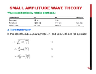 17
SMALL AMPLITUDE WAVE THEORY
Wave classification by relative depth (d/L)
2. Transitional water
In this case 0.5>d/L>0.05 & tanh(kh) < 1, and Eq.(7), (8) and (9) are used.
 