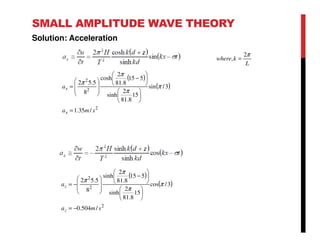 SMALL AMPLITUDE WAVE THEORY
Solution: Acceleration
L
kwhere
π2
, =
( )
( )
2
2
2
/35.1
3/sin
15
8.81
2
sinh
515
8.81
2
cosh
8
5.52
sma
a
x
x
=












−








= π
π
π
π
( )
( )
2
2
2
/504.0
3/cos
15
8.81
2
sinh
515
8.81
2
sinh
8
5.52
sma
a
z
z
−=












−








−= π
π
π
π
 
