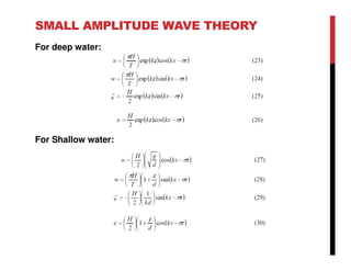 SMALL AMPLITUDE WAVE THEORY
For deep water:
For Shallow water:
 