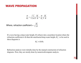 WAVE PROPAGATION
72
Where, refraction coefficient =
Refraction analyses were initially done by the manual construction of refraction
diagrams. Now, they are mostly done by numerical/computer analysis.
If a wave having a deep water height, Ho, refracts into a nearshore location where the
refraction coefficient is Krthen the unrefracted deep water height, Ho’, to be used in
these diagrams is
Ho’= KrHo.
 
