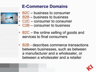 E-Commerce Domains B2C  – business to consumer B2B  – business to business C2C  – consumer to consumer C2B  – consumer to business B2C  – the online selling of goods and services to final consumers B2B  - describes commerce transactions between businesses, such as between a manufacturer and a wholesaler, or between a wholesaler and a retailer  