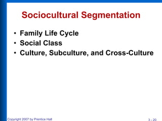 Sociocultural Segmentation Family Life Cycle Social Class Culture, Subculture, and Cross-Culture 