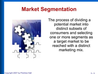 Market Segmentation The process of dividing a potential market into distinct subsets of consumers and selecting one or more segments as a target market to be reached with a distinct marketing mix. 