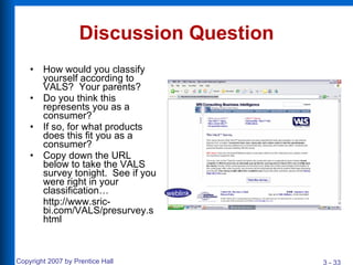 Discussion Question How would you classify yourself according to VALS?  Your parents? Do you think this represents you as a consumer?  If so, for what products does this fit you as a consumer? Copy down the URL below to take the VALS survey tonight.  See if you were right in your classification… http://www.sric-bi.com/VALS/presurvey.shtml weblink 