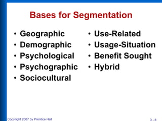 Bases for Segmentation Geographic Demographic Psychological  Psychographic Sociocultural Use-Related Usage-Situation Benefit Sought Hybrid 