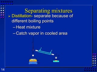 Separating mixturesDistillation- separate because of different boiling pointsHeat mixtureCatch vapor in cooled area