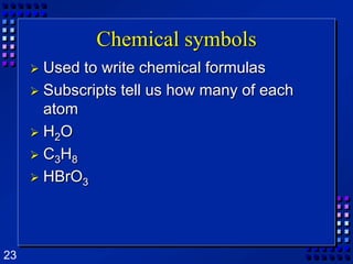 Chemical symbolsUsed to write chemical formulasSubscripts tell us how many of each atomH2OC3H8HBrO3