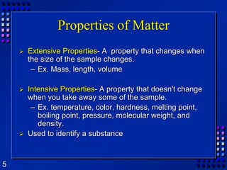 Properties of MatterExtensive Properties- A  property that changes when the size of the sample changes.Ex. Mass, length, volumeIntensive Properties- A property that doesn't change when you take away some of the sample.Ex. temperature, color, hardness, melting point, boiling point, pressure, molecular weight, and density. Used to identify a substance