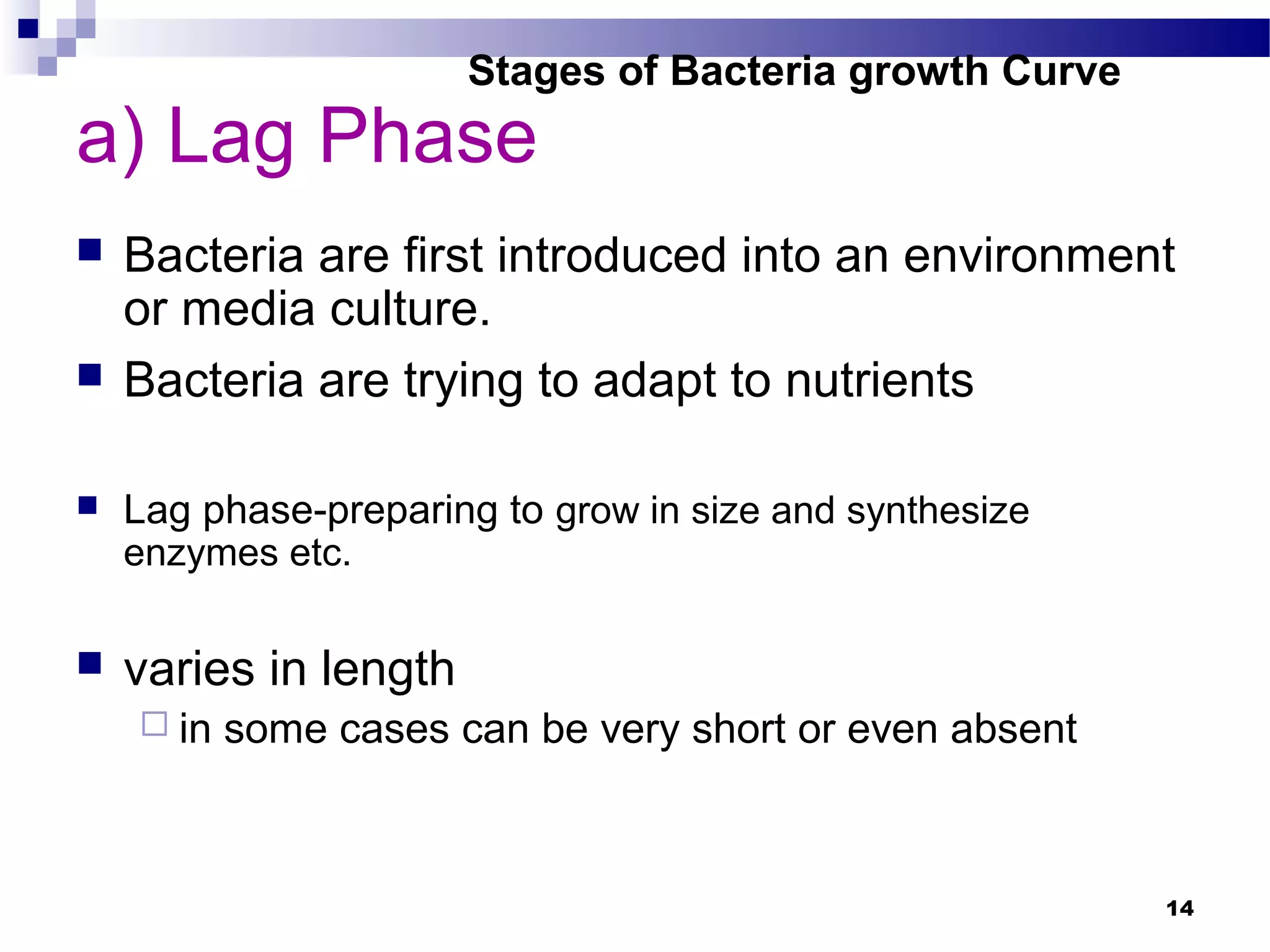 a) Lag Phase
 Bacteria are first introduced into an environment
or media culture.
 Bacteria are trying to adapt to nutrients
 Lag phase-preparing to grow in size and synthesize
enzymes etc.
 varies in length
 in some cases can be very short or even absent
Stages of Bacteria growth Curve
14
 