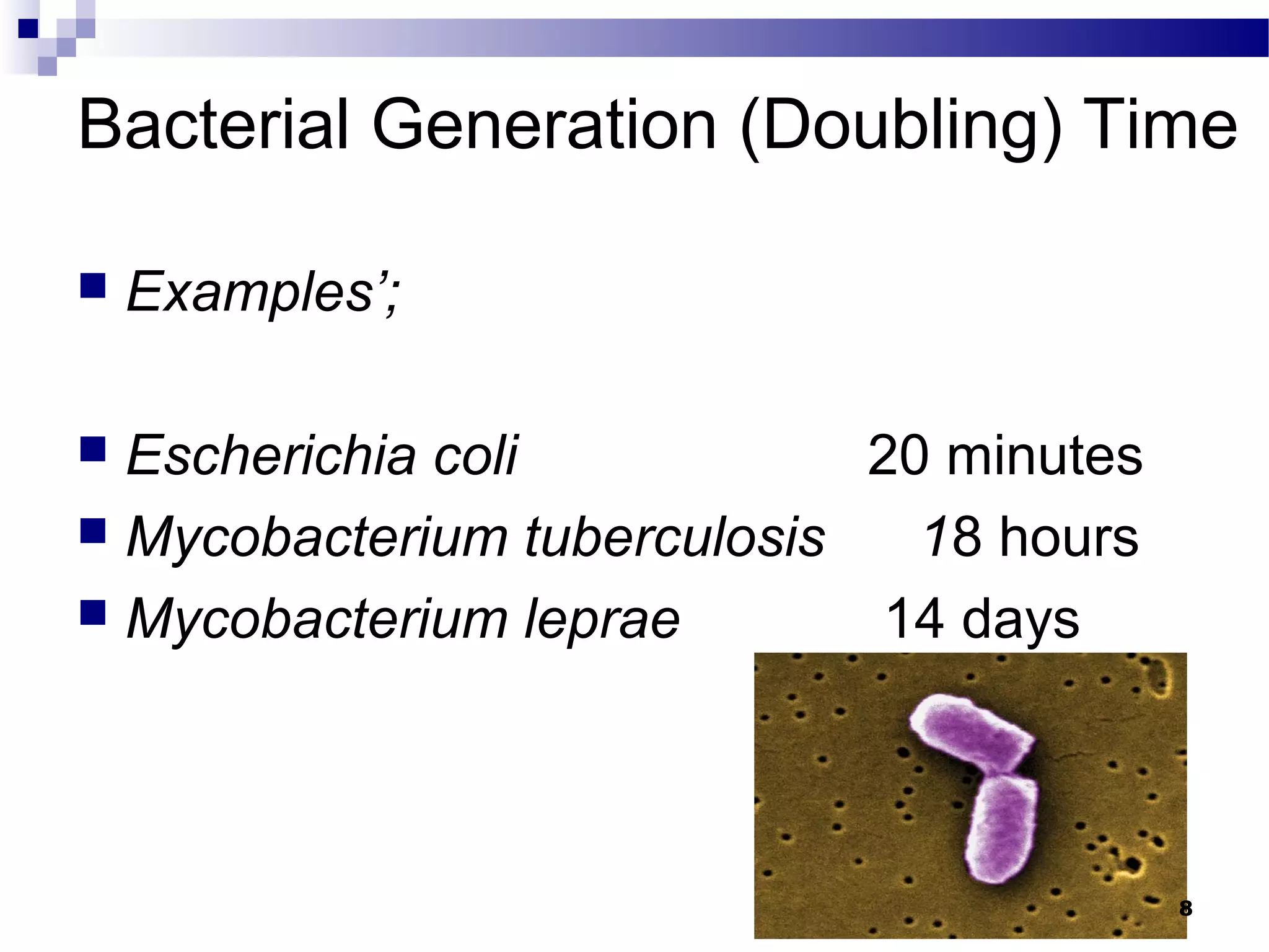 Bacterial Generation (Doubling) Time
 Examples’;
 Escherichia coli 20 minutes
 Mycobacterium tuberculosis 18 hours
 Mycobacterium leprae 14 days
8
 