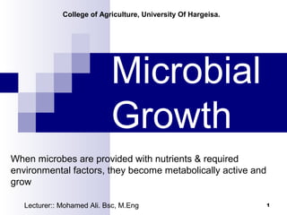 Microbial
Growth
When microbes are provided with nutrients & required
environmental factors, they become metabolically active and
grow
1Lecturer:: Mohamed Ali. Bsc, M.Eng
College of Agriculture, University Of Hargeisa.
 