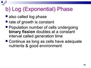 b) Log (Exponential) Phase
 also called log phase
 rate of growth is constant
 Population number of cells undergoing
binary fission doubles at a constant
interval called generation time
 Continue as long as cells have adequate
nutrients & good environment
15
 