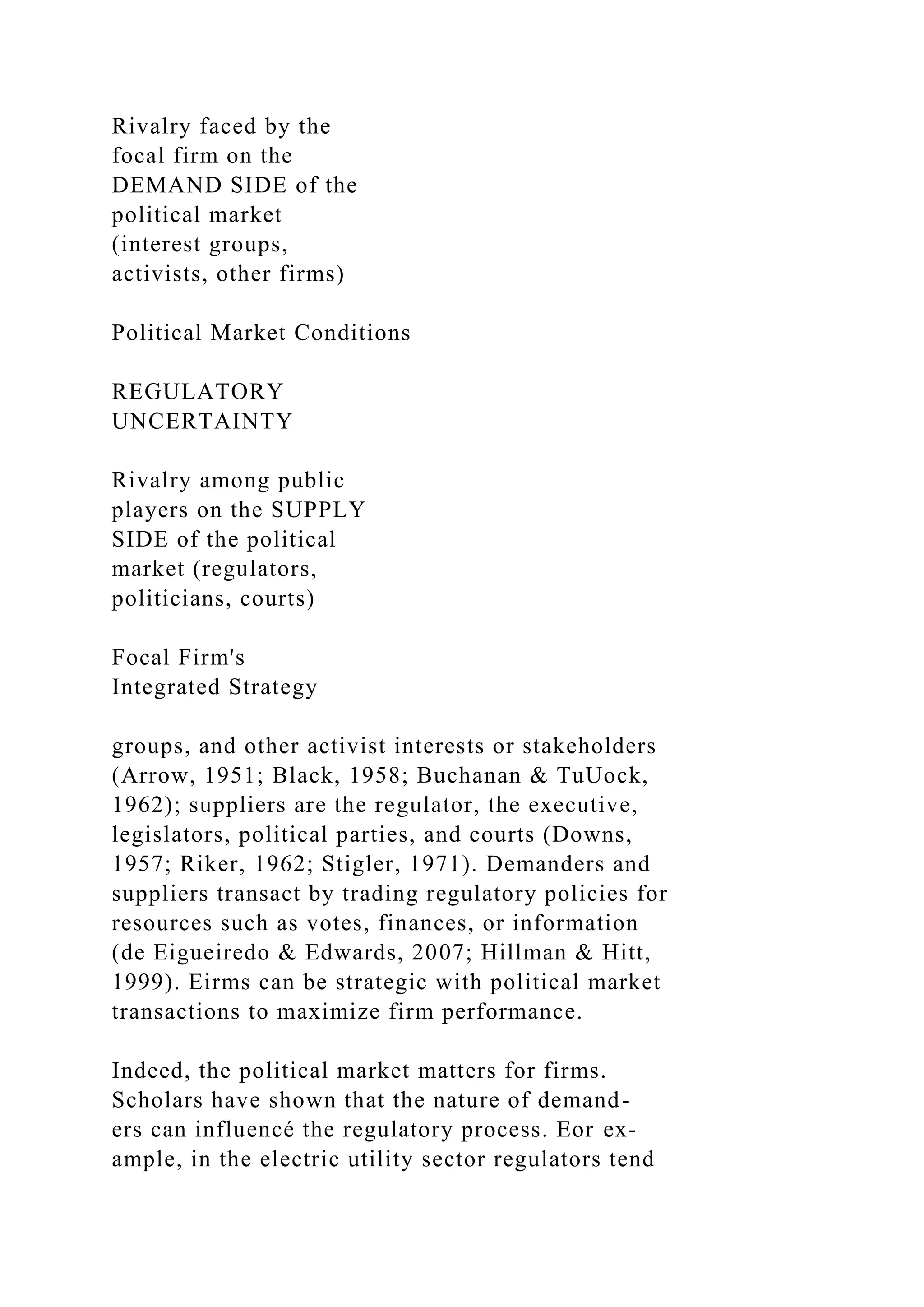Rivalry faced by the
focal firm on the
DEMAND SIDE of the
political market
(interest groups,
activists, other firms)
Political Market Conditions
REGULATORY
UNCERTAINTY
Rivalry among public
players on the SUPPLY
SIDE of the political
market (regulators,
politicians, courts)
Focal Firm's
Integrated Strategy
groups, and other activist interests or stakeholders
(Arrow, 1951; Black, 1958; Buchanan & TuUock,
1962); suppliers are the regulator, the executive,
legislators, political parties, and courts (Downs,
1957; Riker, 1962; Stigler, 1971). Demanders and
suppliers transact by trading regulatory policies for
resources such as votes, finances, or information
(de Eigueiredo & Edwards, 2007; Hillman & Hitt,
1999). Eirms can be strategic with political market
transactions to maximize firm performance.
Indeed, the political market matters for firms.
Scholars have shown that the nature of demand-
ers can influencé the regulatory process. Eor ex-
ample, in the electric utility sector regulators tend
 