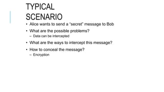 TYPICAL
SCENARIO
• Alice wants to send a “secret” message to Bob
• What are the possible problems?
– Data can be intercepted
• What are the ways to intercept this message?
• How to conceal the message?
– Encryption
 