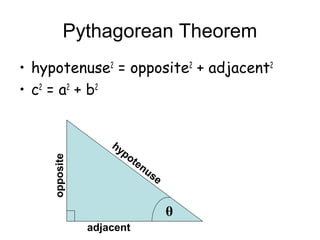 Pythagorean Theorem
• hypotenuse2 = opposite2 + adjacent2
• c2 = a2 + b2


                   hy
                     po
    opposite




                          te
                             nu
                                se


                                     θ
               adjacent
 