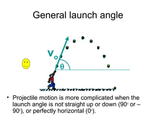 General launch angle



               vo
                    θ


• Projectile motion is more complicated when the
  launch angle is not straight up or down (90 o or –
  90o), or perfectly horizontal (0o).
 