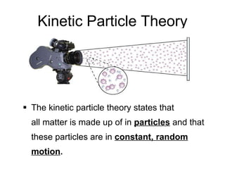 Kinetic Particle Theory The kinetic particle theory states that  all matter is made up of in  particles  and that these particles are in  constant, random motion .  