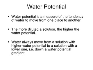 Water Potential Water potential is a measure of the tendency of water to move from one place to another. The more diluted a solution, the higher the water potential. Water always move from a solution with higher water potential to a solution with a lower one, i.e. down a water potential gradient. 