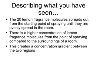 Describing what you have seen… The 20 lemon fragrance molecules spreads out from the starting point of spraying until they are evenly spread in the room. There is a higher concentration of lemon fragrance molecules from the point of spraying compared to the surroundings of a room.  This creates a concentration gradient between the two regions 
