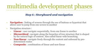 multimedia development phases
Step 6 : Storyboard and navigation
» Navigation : linking of screens through the use of buttons or hypertext that
allows user to jump from one screen to another
» Navigation structure :
» Linear : user navigate sequentially, from one frame to another
» Hierarchical : navigate along the branches of tree structure that is shaped
by the natural logic of content. Also called linear with branching.
» Non-linear : navigate freely through the content and unbound by pre-
determined routes
» Composite : combination of linear and non-linear
 