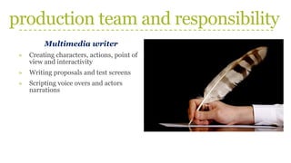 production team and responsibility
Multimedia writer
» Creating characters, actions, point of
view and interactivity
» Writing proposals and test screens
» Scripting voice overs and actors
narrations
 