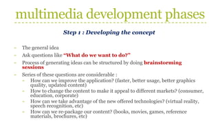 multimedia development phases
Step 1 : Developing the concept
» The general idea
» Ask questions like “What do we want to do?”
» Process of generating ideas can be structured by doing brainstorming
sessions
» Series of these questions are considerable :
» How can we improve the application? (faster, better usage, better graphics
quality, updated content)
» How to change the content to make it appeal to different markets? (consumer,
education, corporate)
» How can we take advantage of the new offered technologies? (virtual reality,
speech recognition, etc)
» How can we re-package our content? (books, movies, games, reference
materials, brochures, etc)
 