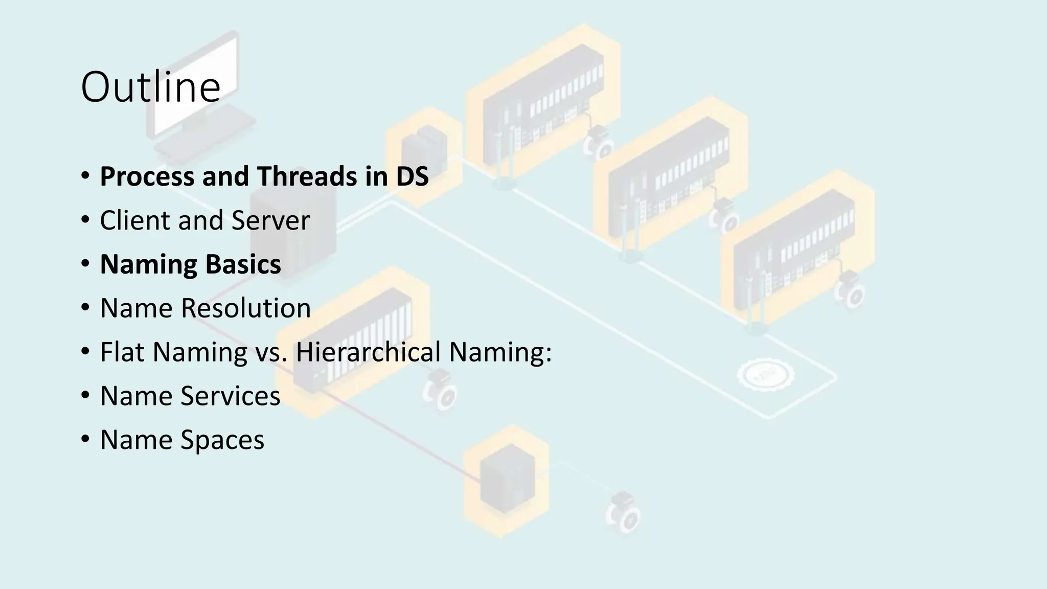 Outline
• Process and Threads in DS
• Client and Server
• Naming Basics
• Name Resolution
• Flat Naming vs. Hierarchical Naming:
• Name Services
• Name Spaces
 