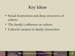 Key Ideas
• Social Institutions and deep structures of
  culture
• The family’s influence on culture
• Cultural variants in family interaction




  © Cengage 2012   Chapter 3 The Deep Structure of Culture: Lessons Learned from the Family   2
 
