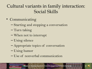 Cultural variants in family interaction:
             Social Skills
• Communicating
  – Starting and stopping a conversation
  – Turn taking
  – When not to interrupt
  – Using silence
  – Appropriate topics of conversation
  – Using humor
  – Use of nonverbal communication

 © Cengage 2012   Chapter 3 The Deep Structure of Culture: Lessons Learned from the Family   22
 