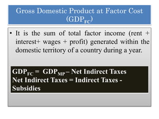 Gross Domestic Product at Factor Cost
(GDPFC)
• It is the sum of total factor income (rent +
interest+ wages + profit) generated within the
domestic territory of a country during a year.
GDPFC = GDPMP – Net Indirect Taxes
Net Indirect Taxes = Indirect Taxes -
Subsidies
 