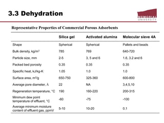 3.3 Dehydration
Representative Properties of Commercial Porous Adsorbents
Silica gel Activated alumina Molecular sieve 4A
Shape Spherical Spherical Pallets and beads
Bulk density, kg/m3 785 769 640-720
Particle size, mm 2-5 3, 5 and 6 1.6, 3.2 and 6
Packed bed porosity 0.35 0.35 0.35
Specific heat, kJ/kg-K 1.05 1.0 1.0
Surface area, m2/g 650-750 325-360 600-800
Average pore diameter, Å 22 NA 3,4,5,10
Regeneration temperature, °C 190 160-220 200-315
Minimum dew point
temperature of effluent, °C
-60 -75 -100
Average minimum moisture
content of effluent gas, ppmV
5-10 10-20 0.1
 