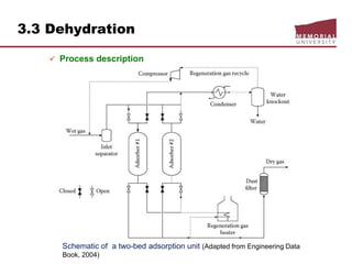 3.3 Dehydration
 Process description
Schematic of a two-bed adsorption unit (Adapted from Engineering Data
Book, 2004)
 