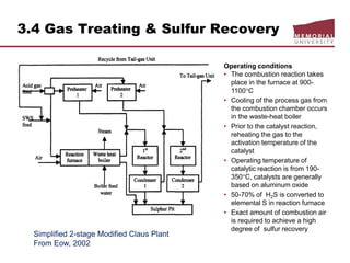 3.4 Gas Treating & Sulfur Recovery
Simplified 2-stage Modified Claus Plant
From Eow, 2002
Operating conditions
• The combustion reaction takes
place in the furnace at 900-
1100C
• Cooling of the process gas from
the combustion chamber occurs
in the waste-heat boiler
• Prior to the catalyst reaction,
reheating the gas to the
activation temperature of the
catalyst
• Operating temperature of
catalytic reaction is from 190-
350C, catalysts are generally
based on aluminum oxide
• 50-70% of H2S is converted to
elemental S in reaction furnace
• Exact amount of combustion air
is required to achieve a high
degree of sulfur recovery
 